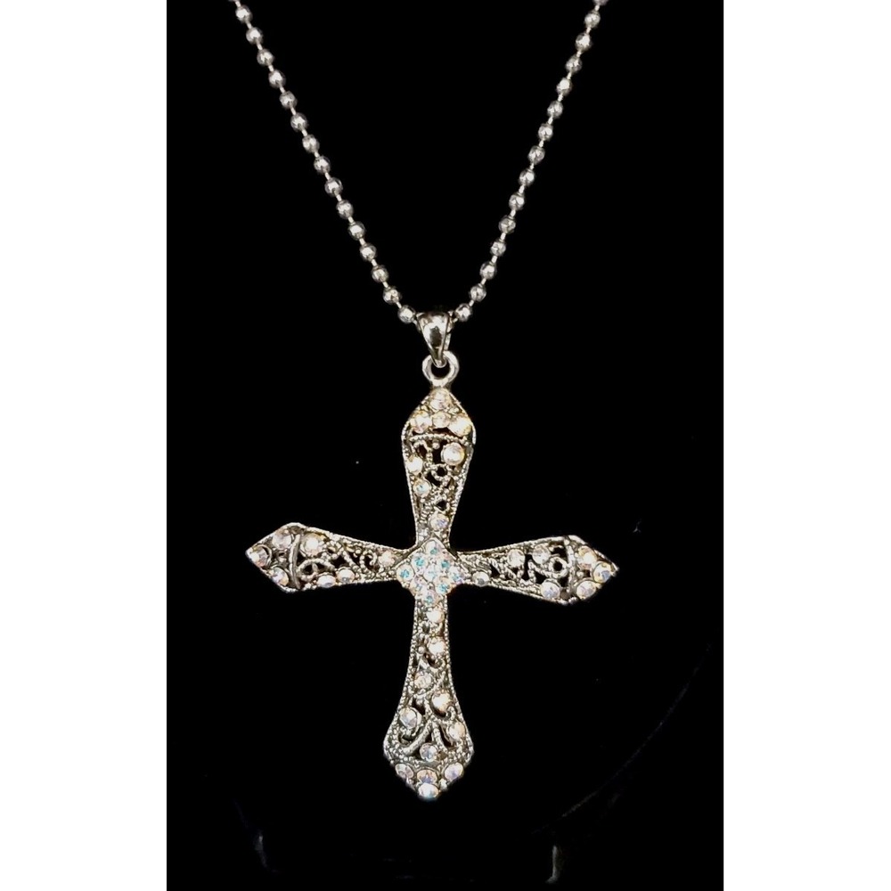 Unbranded 2.25" X 2" AB Cross Necklace On 17" Ball Chain Silver Toned Ornate